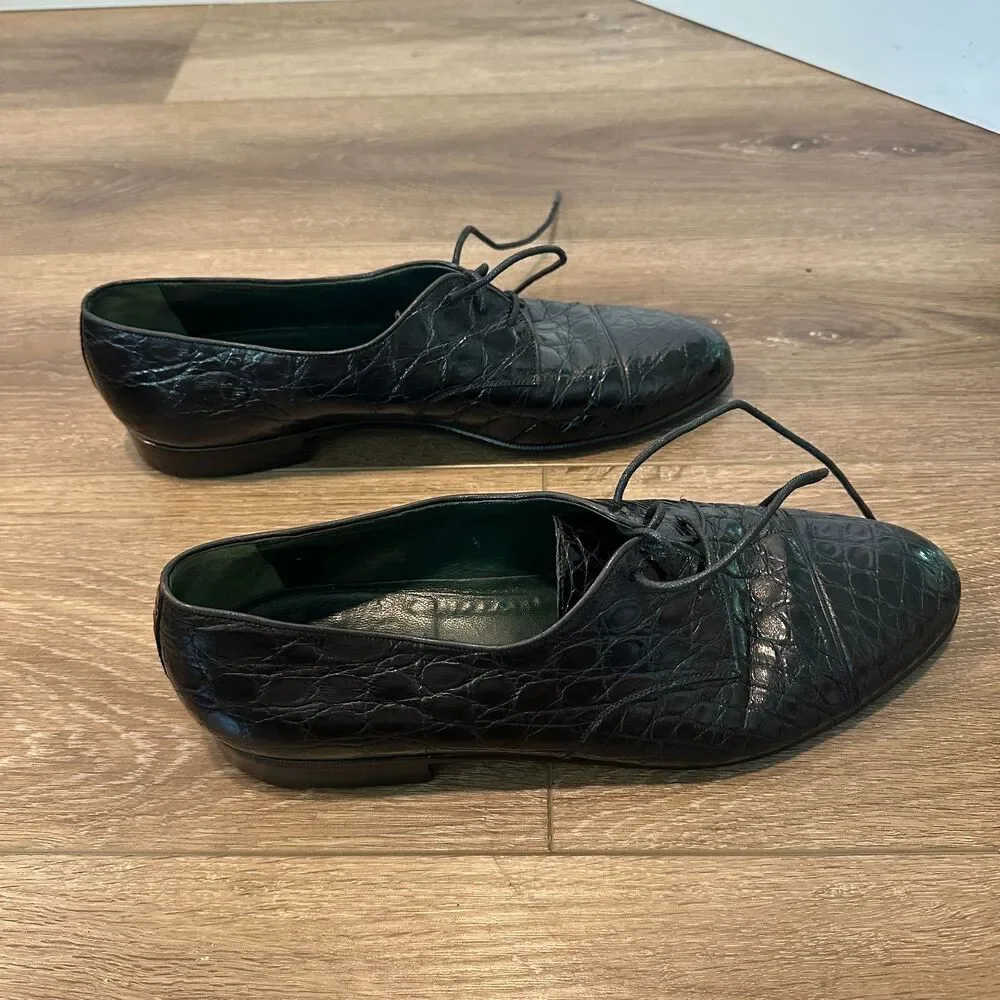Vintage Gucci Black Alligator Leather Lace Up Derby Dress Shoes Mens Size 10